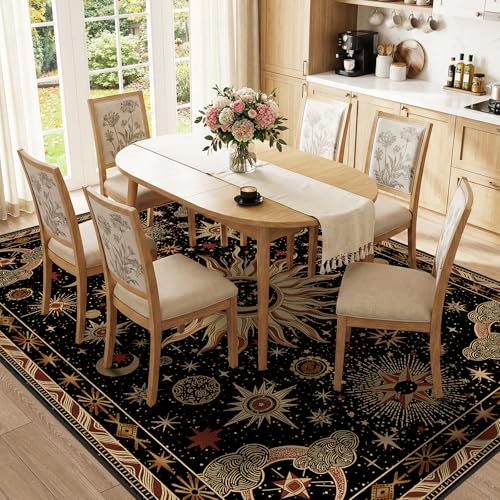 Vacuum-Friendly, 9x12 Washable Area Rug, Black Gold Beige Red | Sun and Moon Boho Gothic Non-Slip Low Pile Living Roon Bedroom Dining Room Kitchen Entry Entryway Entrance Hallway Doormat - color: Black/Gold/Beige/Red, size: 9' x 12' (Rectangular)