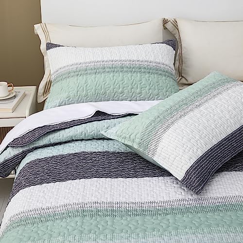 DURLENGEN Quilt Set Queen Size 3Pcs,Soft Microfiber Lightweight Bedspread,White & Green Striped Geometric Pattern Coverlet for All Season Layering(Queen 90x96,Mint Green) - color: Mint Green, size: Queen(90" x 96")