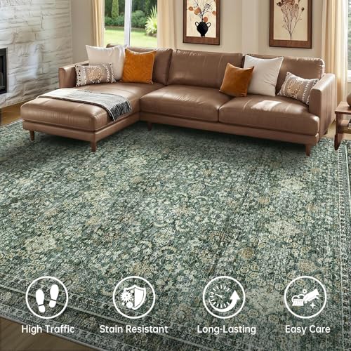 Sasttie 9x12 Area Rugs, Ultra-Soft Washable Rug for Living Room, Dark Green | 9 by 12 Thin Carpet for Apartment & Bedroom, Low-Pile Faux Cashmere, Non-Slip Backing, Skin-Friendly, Stain Resistant - color: Dark Green, size: 9' x 12' (Rectangular)