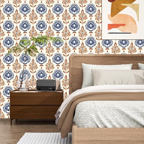 BOKEBEVE Boho Floral Peel and Stick Wallpaper Beige Brown 17.5 x 393.5In | Extra Long Symmetry Contact Paper Modern Wall Paper for Bedroom Accent Walls Laundry Nursery Pantry Renter Friendly Removable - color: Beige/Brown, size: 17.5" x 393.5"