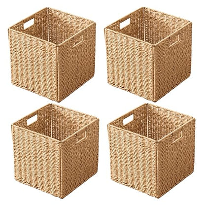 13x13x13 Storage Cube Bins Set of 4, Paper Rope Hand Woven Storage Basket with Handles, Collapsible Square Storage Cubes for Shelves, Wicker Shelf Baskets for Living Room Bedroom Organizing, Natural - size: 13" x 13" x 13" (4 Pack)