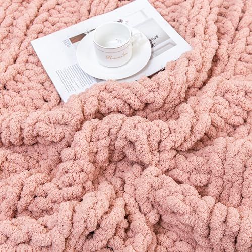 WESHIONGOO Chunky Knit Blanket Throw for Couch Bed 40"×60" Pink | 100% Handmade Knitted Throw blanket Fluffy Soft Blanket With Jumbo Chenille Yarn Thick - color: Pink, size: 40"x60"(Medium Size Throw)