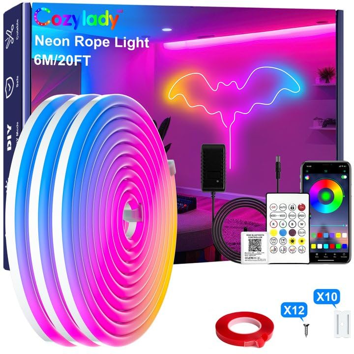 Cozylady 6M RGB Neon Light LED Rope Light,20ft Waterproof Bluetooth APP Remote Control Music Sync Strip Light,24V Flexible DIY Silicone Light for Bedroom Home Indoor Outdoor Decoration (6M/20Ft) - size: 20 ft