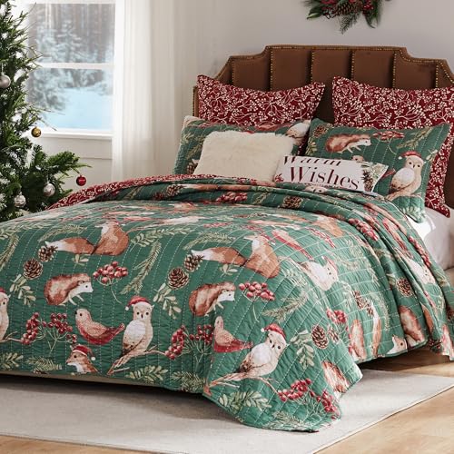 Greenland Home Willow Novelty Forest Animals Reversible Quilt Set, 3-Piece King, Holiday - color: Holiday, size: 3-Piece King