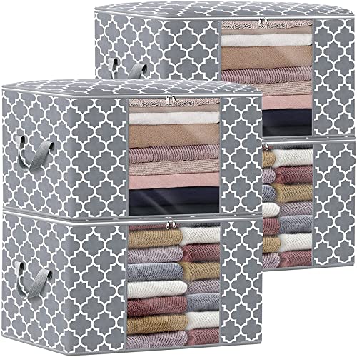 Storage Bags 100L 4Pack Clothes Organization and Storage Containers | Large Blanketfor Bedding, Comforters, Foldable Organizer with Reinforced Handle, Clear Window, Sturdy Zippers, Light Grey - color: Light Grey, size: 4 x 100L