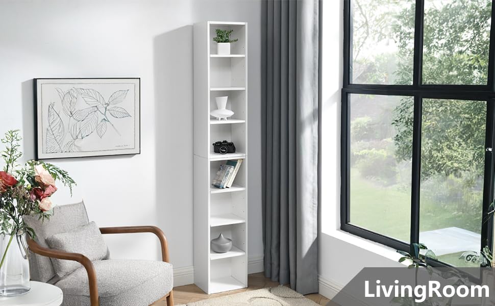 Tall Narrow Bookshelf,8-Tiers Bookcase with Adjustable Shelves,Double-Decker Combination Thin Media Tower Rack,CD DVD Slim Storage Cabinet for Living Room,Bedroom,Studio and Office (White, 71"H) - color: White