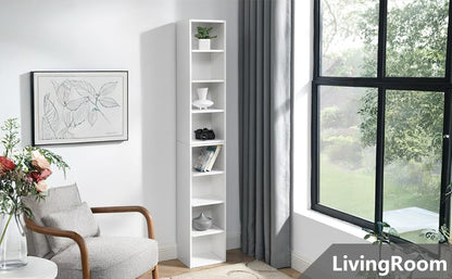 Tall Narrow Bookshelf,8-Tiers Bookcase with Adjustable Shelves,Double-Decker Combination Thin Media Tower Rack,CD DVD Slim Storage Cabinet for Living Room,Bedroom,Studio and Office (White, 71"H) - color: White