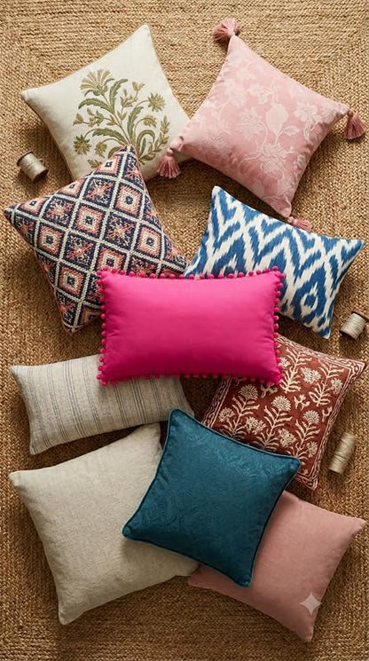 WWW.THROWPILLOW.IN Hot Pink Solid Cotton Cushion Cover with Pom Pom Preppy Decorative Throw Pillow Cover for Dorm Room,Feminine Chic Home Decor Accent Rectangular Cushion 14x20 Inches
