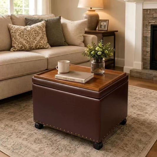 Homebeez 22 inch Storage Ottoman with Tray Top, Multi-Functional Faux Leather Coffee Table with Storage, Tufted Foot Rest with Nailhead Trim for Living Room, Reddish Brown - color: Reddish Brown With Wheels
