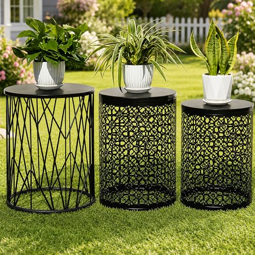 HFHOME Set of 3 Heavy-Duty Round End Table, Side Table, Coffee Table for Indoor Multifunctional Use, Outdoor Decorative Garden Stool Plant Stand-Black - color: Flower Black