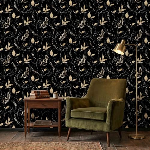 Dark Black and Gold Leaf Peel and Stick Wallpaper 17.7" x 124" | Self-adhesive removable waterproof leaf design for bedroom accent walls and renter friendly spaces - color: Black&Gold, size: 17.7" x 124"
