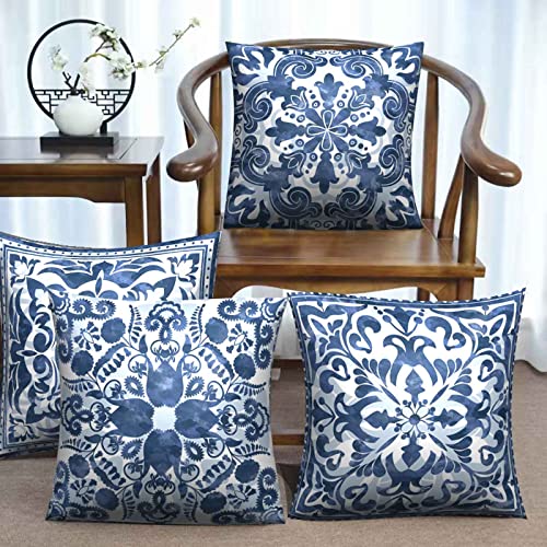 Set of 4 Boho Linen Throw Pillow Covers 18x18 Inch Square | Soft Linen, Fade Proof Print, Hidden Zipper, Indoor Outdoor, Machine Washable, Boho Sofa Decor - size: 18" x 18" (Pack of 4)