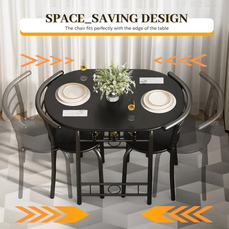 Shahoo 3-Piece Dining Table Set for 2, Kitchen Breakfast Nook Set, Black | 2 Chairs & Round Tabletop, Space Saving Wooden Furniture Metal Frame and Built-in Wine Rack - color: Black