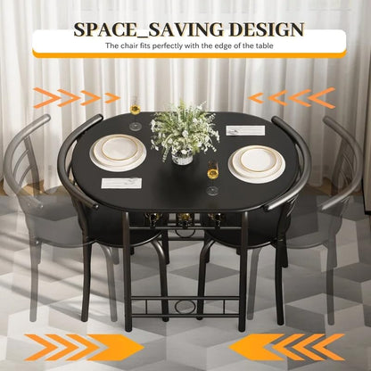 Shahoo 3-Piece Dining Table Set for 2, Kitchen Breakfast Nook Set, Black | 2 Chairs & Round Tabletop, Space Saving Wooden Furniture Metal Frame and Built-in Wine Rack - color: Black