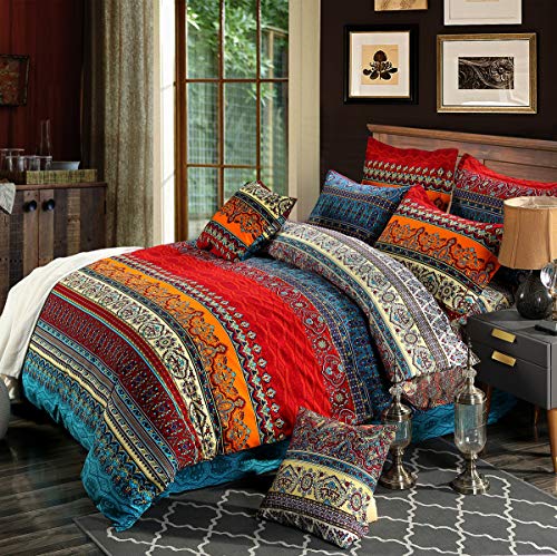 Brushed Cotton Bohemian Duvet Cover and Fitted Sheet Sets Queen Size 4 Pieces, Bohemia Exotic Striped Bedding Sets, Boho Comforter Cover Sets,NO Comforter (Fitted Sheet Sets, Queen) - size: Queen