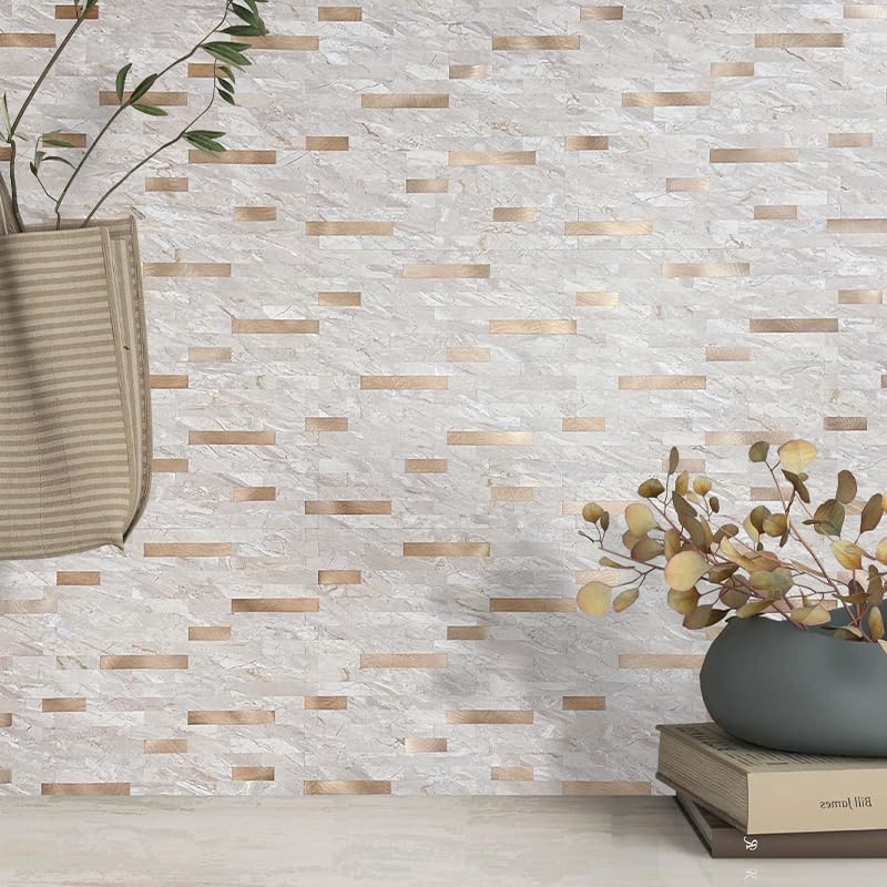 DICOFUN 10 Sheets Marble Look Peel and Stick Backsplash Wall Tile, PVC Kitchen Backsplash Peel and Stick in Light Brown, 9.4 sq.ft - color: Light Brown and Metal Gold, size: 10 Sheets, 12’’x12’’x0.12’’