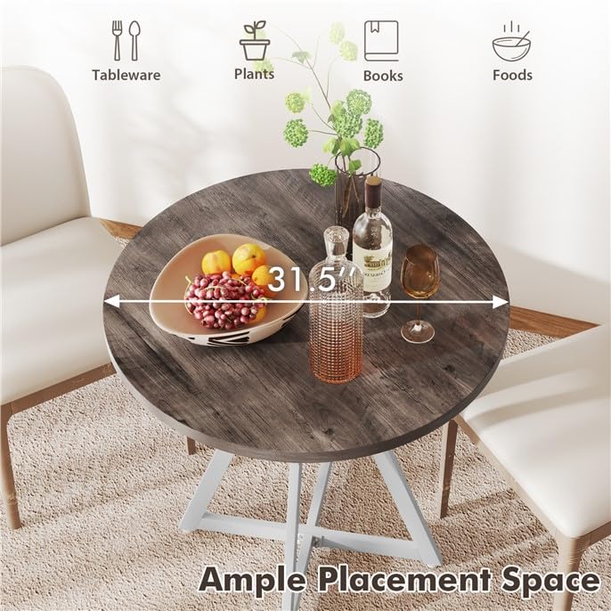 Small Dining Table, 31.5" Round Kitchen Table for 2 with X-Shaped Metal Pedestal Base, Wooden Dining Room Table for Small Spaces, Cafe, Apartment, Living Room, Office (Oak Grey+White)