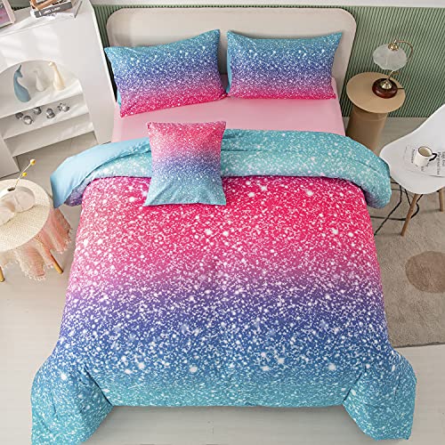 Queen Size Girls Bedding Set 6 Piece Blue Pink Comforter Set Kids Bed in A Bag Colorful Rainbow Glitter Bed Set for Bedroom Decoration Fluffy Tie Dye Teen Girl Bed Comforter Set - color: Light and Dark Blue Pink, size: Queen