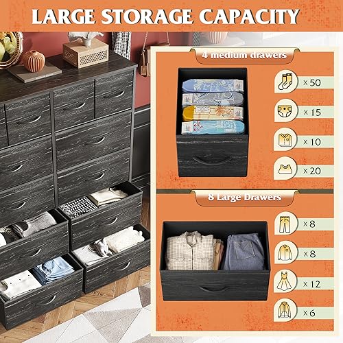 WLIVE 12 Drawer Tall Fabric Dresser Bedroom Storage Chest, Charcoal | Black tall 12-drawer fabric dresser with wood top, modern storage tower for bedroom home office closet living room - color: Charcoal Black Wood Grain Print