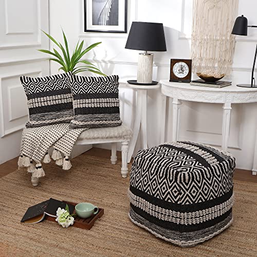 · REDEARTH · Pouf with Filler Cube Bean Bag Pouffe - Char Delineate Black | 100% Cotton; 17.5"x17.5"x17.5"; Storage Cube, Doubles as Footrest; Boho Decor for Living Room, Bedroom, Nursery, Kidsroom - color: Char Delineate Black With Filler