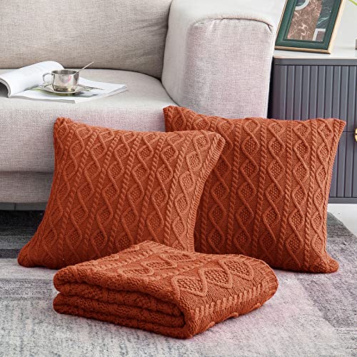 Homiest Rust Cable Knit Throw Blanket Set of 3, with 2 Pillow Covers | Pure Acrylic, Lightweight & Breathable, All-Season Use, Machine Washable, Wrinkle & Fade Resistant, for Couch Bed And Sofa - color: Rust, size: 50 x 60 Inch Blanket & 18 x 18 Inch Pill