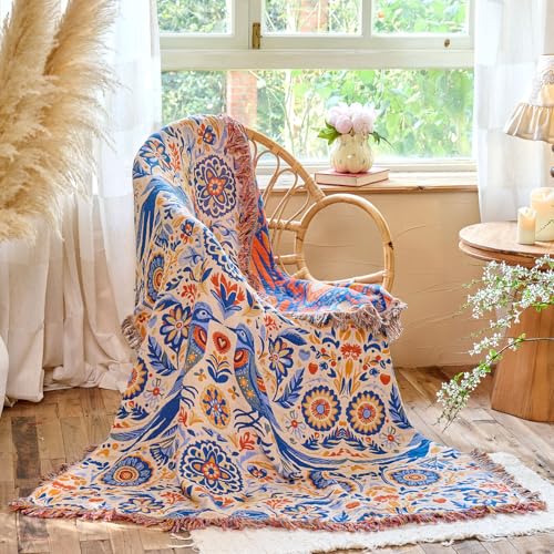 Boho Throw Blanket 60"x80" 100% Cotton Twin Bed Bird Blanket, Reversible Breathable Lightweight Spring Decorative Tassel Blankets for Couch Sofa Decor - color: Lovebirds-blue, size: 60"x80"
