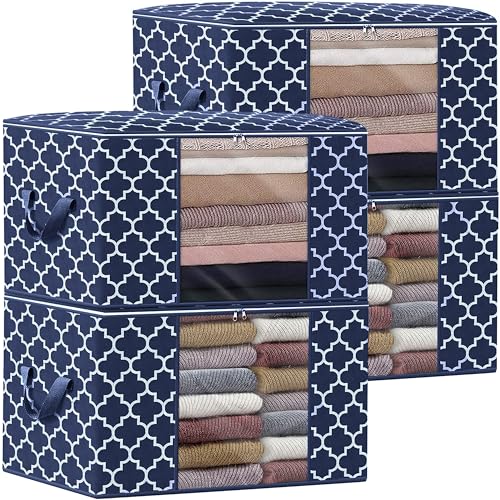 Storage Bags 100L 4Pack Clothes Organization and Storage Containers | Large Blanketfor Bedding, Comforters, Foldable Organizer with Reinforced Handle, Clear Window, Sturdy Zippers, Blue - color: Blue, size: 4 x 100L