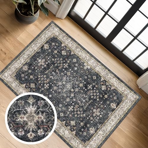 Black Washable 2x3 Entry Rug, Small Rugs for Entryway Kitchen Bathroom Door Mat Indoor Entrance, Non Slip Rubber Backing, Stain & Fade Resistant, Ashen Charcoal Floral Farmhouse Decor - color: Ashen / Multi, size: 2' x 3' (Rectangular)