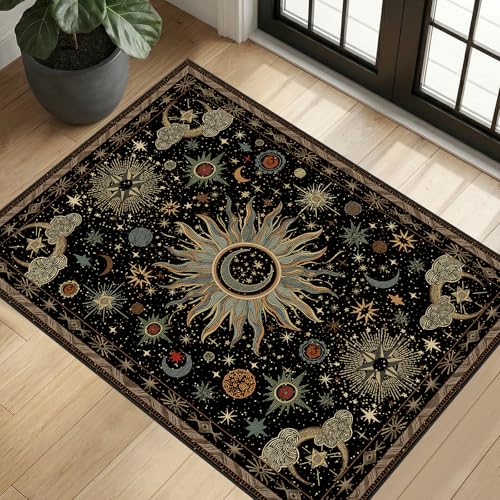 Vacuum-Friendly, 2x3 Washable Area Rug, Black Green Beige | Sun and Moon Boho Gothic Non-Slip Low Pile Living Roon Bedroom Dining Room Kitchen Entry Entryway Entrance Hallway Doormat - color: Black/Green/Beige, size: 2' x 3' (Rectangular)