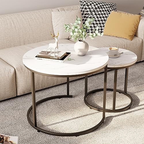 aboxoo Round Nesting Coffee Table Side Table Set of 2 End Tables for Living Room Bedroom Balcony, White Faux Marble Wooden Table Accent Coffee Table with Black Steel Frame - color: White Marble
