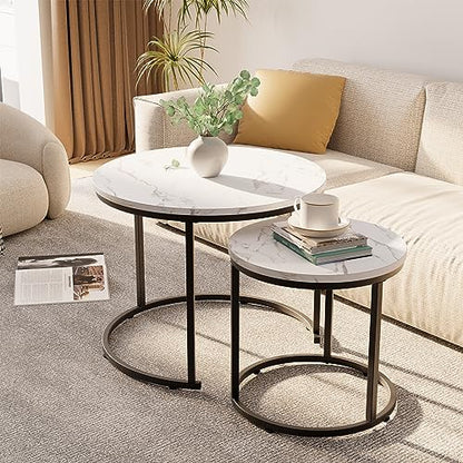 aboxoo Round Nesting Coffee Table Side Table Set of 2 End Tables for Living Room Bedroom Balcony, White Faux Marble Wooden Table Accent Coffee Table with Black Steel Frame - color: White Marble