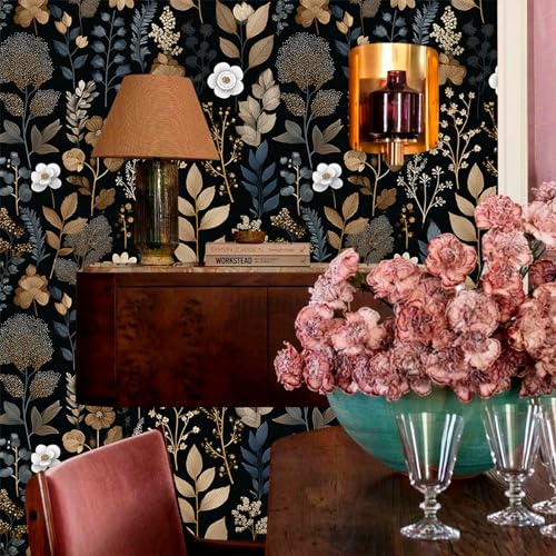 Luxurious Vintage Dark Botanical Floral Moody Teal Foliage Peel and Stick Wallpaper Easy Peel Off Contact Paper Stick on Adhesive Wall Paper for Bathroom Waterproof Renter 17.71"x236.2" - color: LD-142b, size: 17.7" x 236"