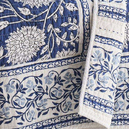 Levtex Home - Adare Denim Quilted Throw - (50x60in.) - Floral - Blue White - Reversible - Cotton - color: Denim