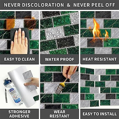 URCOLOR 10-Sheet Peel and Stick Backsplash Tile for Kitchen,12"x12" Self Adhesive Wall Tiles Stick on Back Splashes for Bathroom Green Marble Look - color: Green