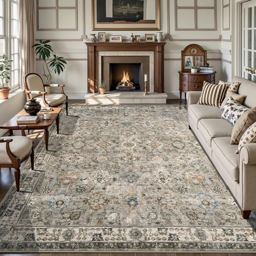 Tangsoo Washable 6x9 Area Rugs for Living Room,Boho Beige Floral Large Rug | Vintage Farmhouse 6 x 9 Neutral Rug Non Slip,Soft Low Pile Grey Rug Big Carpet for Bedroom Office Dinning Room Laundry Room - color: Distressed Beige Grey, size: 6' X 9' (Rectang