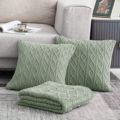 Homiest Sage Green Cable Knit Throw Blanket Set of 3, with 2 Pillow Covers | Pure Acrylic, Lightweight & Breathable, All-Season Use, Machine Washable, Wrinkle & Fade Resistant, for Couch Bed And Sofa - color: Sage Green, size: 50 x 60 Inch Blanket & 18 x