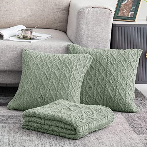 Homiest Sage Green Cable Knit Throw Blanket Set of 3, with 2 Pillow Covers | Pure Acrylic, Lightweight & Breathable, All-Season Use, Machine Washable, Wrinkle & Fade Resistant, for Couch Bed And Sofa - color: Sage Green, size: 50 x 60 Inch Blanket & 18 x