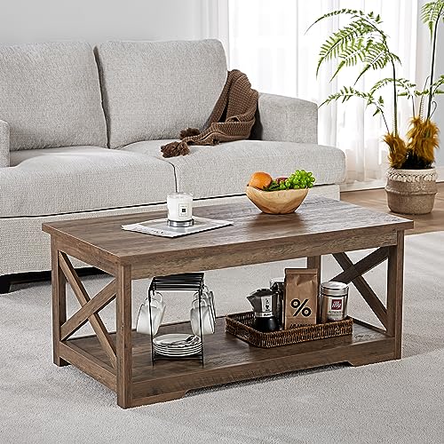 AMERLIFE 3 Piece Farmhouse Living Room Coffee Table Set, Barnwood | Coffee Table & 2 End Tables with Charging Station and USB Ports, Farmhouse Style, Barn Door Design, Living Room Furniture - color: Barnwood