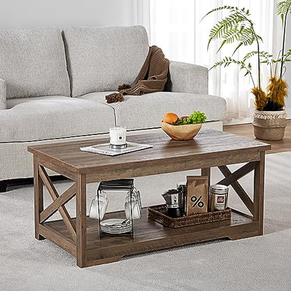 AMERLIFE 3 Piece Farmhouse Living Room Coffee Table Set, Barnwood | Coffee Table & 2 End Tables with Charging Station and USB Ports, Farmhouse Style, Barn Door Design, Living Room Furniture - color: Barnwood