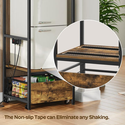 Mini Fridge Stand with Movable Drawer, Microwave Stand with Power Outlet, Mini Fridge Shelf with Adjustable Shelves, Kitchen Bakers Rack for Dorm, Dining Room, Home, Rustic Brown HB05UBR
