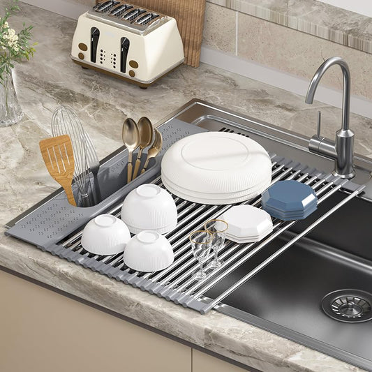 Roll Up Dish Drying Rack Over Sink, 20" X 15.2" Foldable SUS304 Stainless Steel Kitchen Dish Drainer, Heat-Resistant Multipurpose Rolling Sink Rack Organizer, Grey - size: Grey（20" X 15.2"）