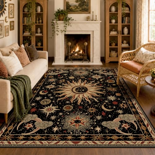 Vacuum-Friendly, 5x8 Washable Area Rug, Black Gold Beige Red | Sun and Moon Boho Gothic Non-Slip Low Pile Living Roon Bedroom Dining Room Kitchen Entry Entryway Entrance Hallway Doormat - color: Black/Gold/Beige/Red, size: 5' x 8' (Rectangular)