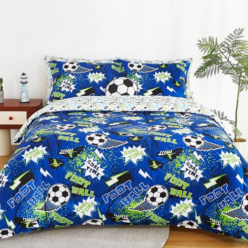 Kids Full Comforter Sets for Boys 8 Pieces Cool Football Bedding Set for Teens Microfiber Blue Green Soccer Kids Bed in A Bag with Comforter, Sheet Set, Shams and Decorative Toy Pillow - color: Cool Blue Football, size: Full