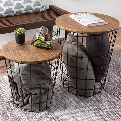 Lavish Home End Tables - Round Nesting Tables Set of 2, Brown/Black | 17.5”/15.5” Side Tables with Removable Wood Tops & Metal Basket Bases for Blanket Storage, Living Room, Bedroom & Home Office - color: Brown Round