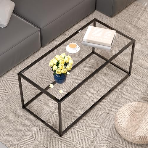 Glass Coffee Table Modern Center Table,Minimalist Coffee Table for Living Room,Tempered Glass-top with Sturdy Metal Frame, Easy Assembly,Black - color: Black, style: Rectangle