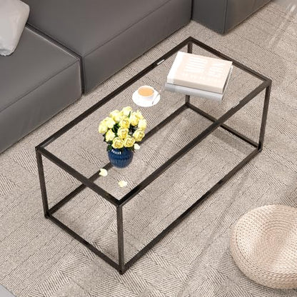 Glass Coffee Table Modern Center Table,Minimalist Coffee Table for Living Room,Tempered Glass-top with Sturdy Metal Frame, Easy Assembly,Black - color: Black, style: Rectangle
