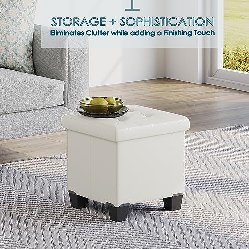 Storage Ottoman Cube with Storage Bin, 15-In Square Ottoman with Storage for Living Room and Bedroom, Small Ottoman Foot Rest, Foot Stools Ottoman, White Storage Chest Max 660lbs, Faux Leather Ottoman