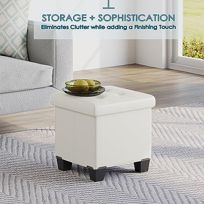 Storage Ottoman Cube with Storage Bin, 15-In Square Ottoman with Storage for Living Room and Bedroom, Small Ottoman Foot Rest, Foot Stools Ottoman, White Storage Chest Max 660lbs, Faux Leather Ottoman