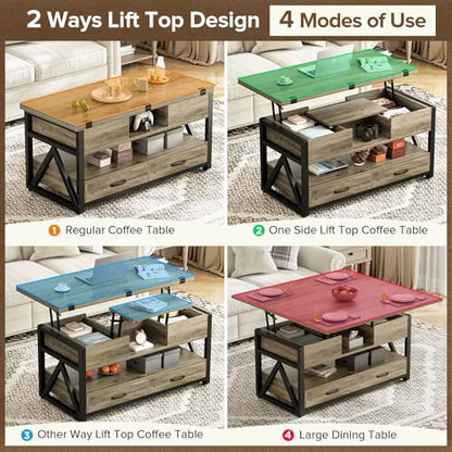 40" Lift Top Coffee Table with Storage,Grey | 4 in 1 Multi-Function Lifting top Coffee Tables with Storage Drawers and Hidden Compartmen,for Living Room - color: Grey