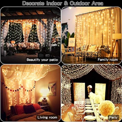 300 LED Curtain String Lights, Fairy String Lights with 8 Light Modes & Remote Controlled, 9.8x9.8ft Indoor Outdoor String Lights for Christmas, Weddings, Party, Bedroom, Wall, Window (Warm white) - color: Copper Wire-Warm white